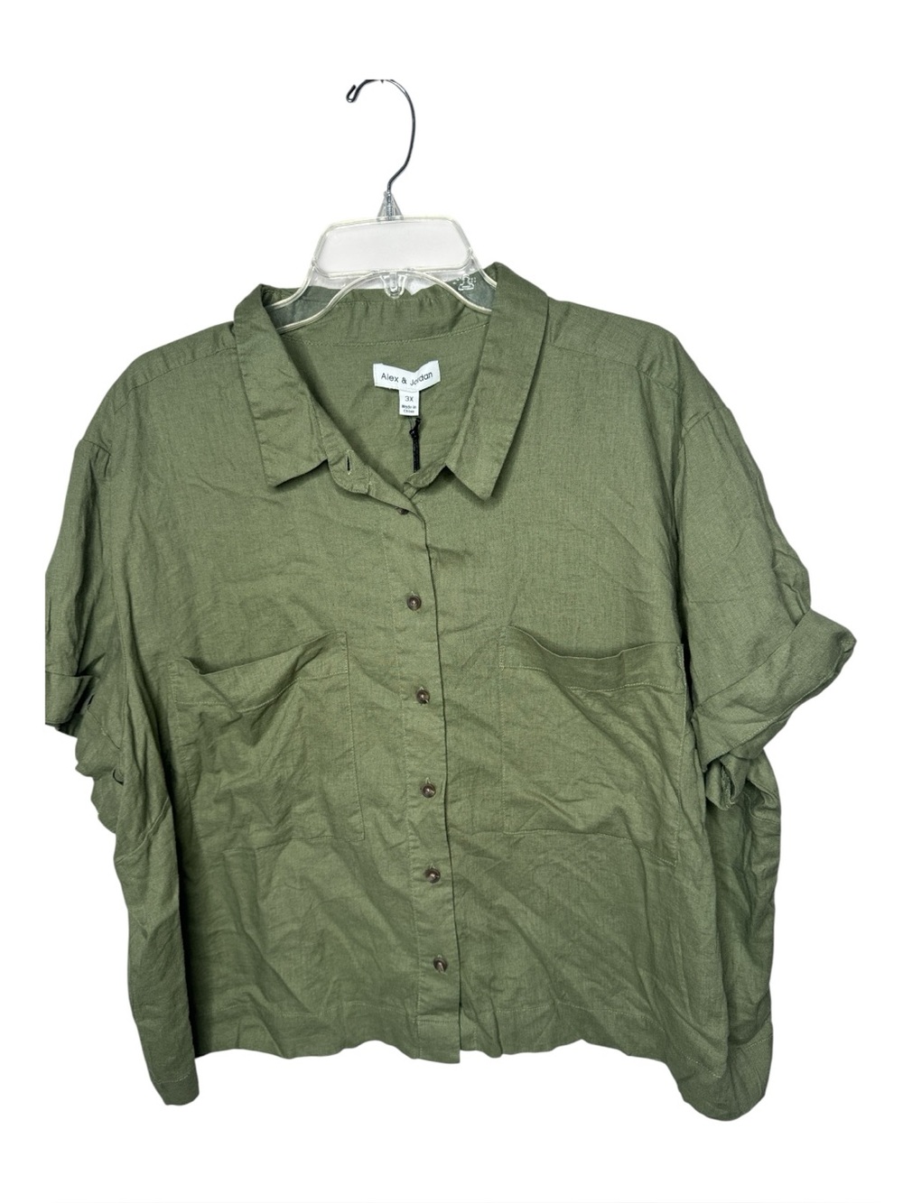 Alex & Jordan Olive Green Viscose/Linen Button-Up Shirt. Size 3X.